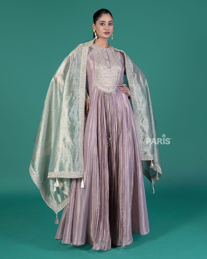 Purple Beaded Embellished Gown with Sage Green Dupatta