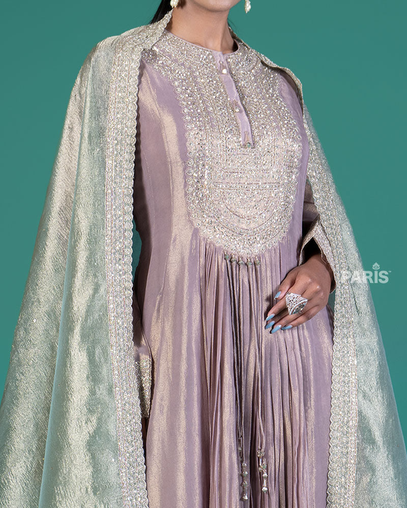 Purple Beaded Embellished Gown with Sage Green Dupatta