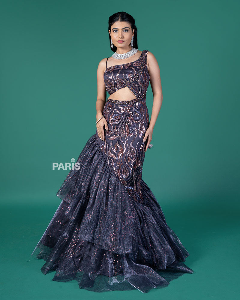 Dark Purple Sequined Tiered Mermaid Gown