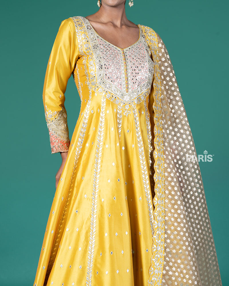 Mustard Yellow Embroidery Embellished Anarkali with Dupatta