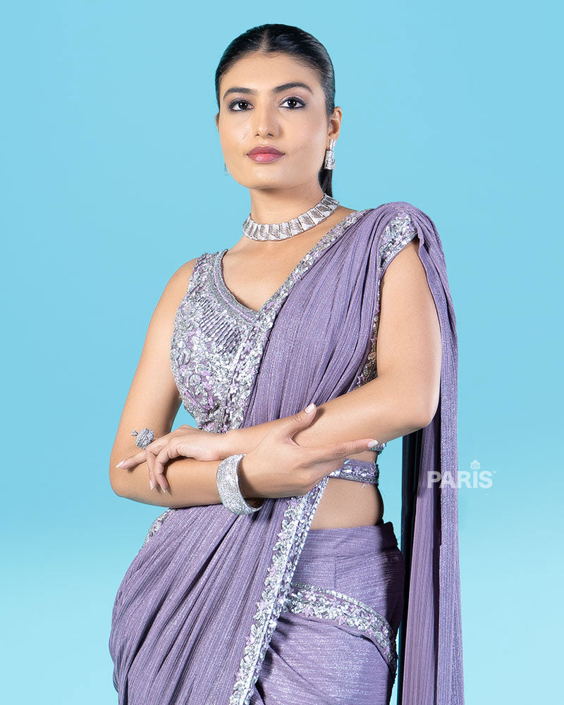 Lavender-Purple Ready-to-Wear Saree with Silver Sequin Embellished Blouse and Belt