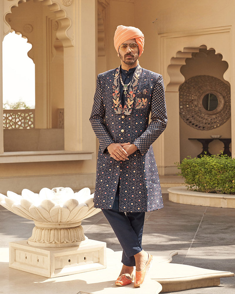 Navy Blue Printed Sherwani Set With Pant