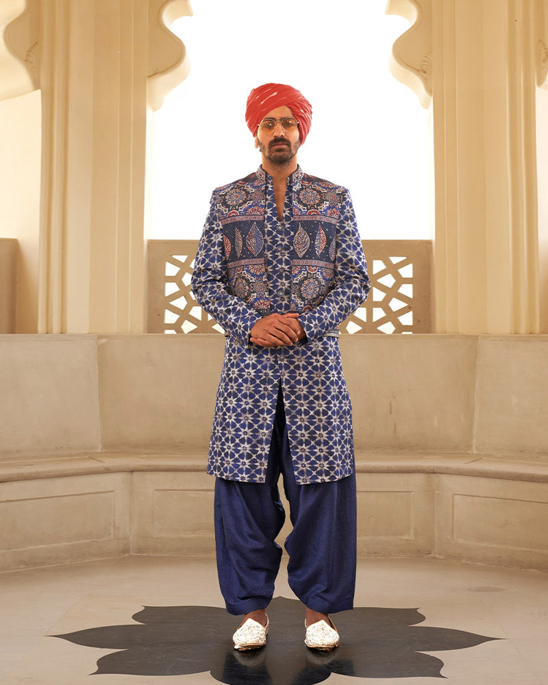 Blue Printed Indowestern Kurta Set With Jacket