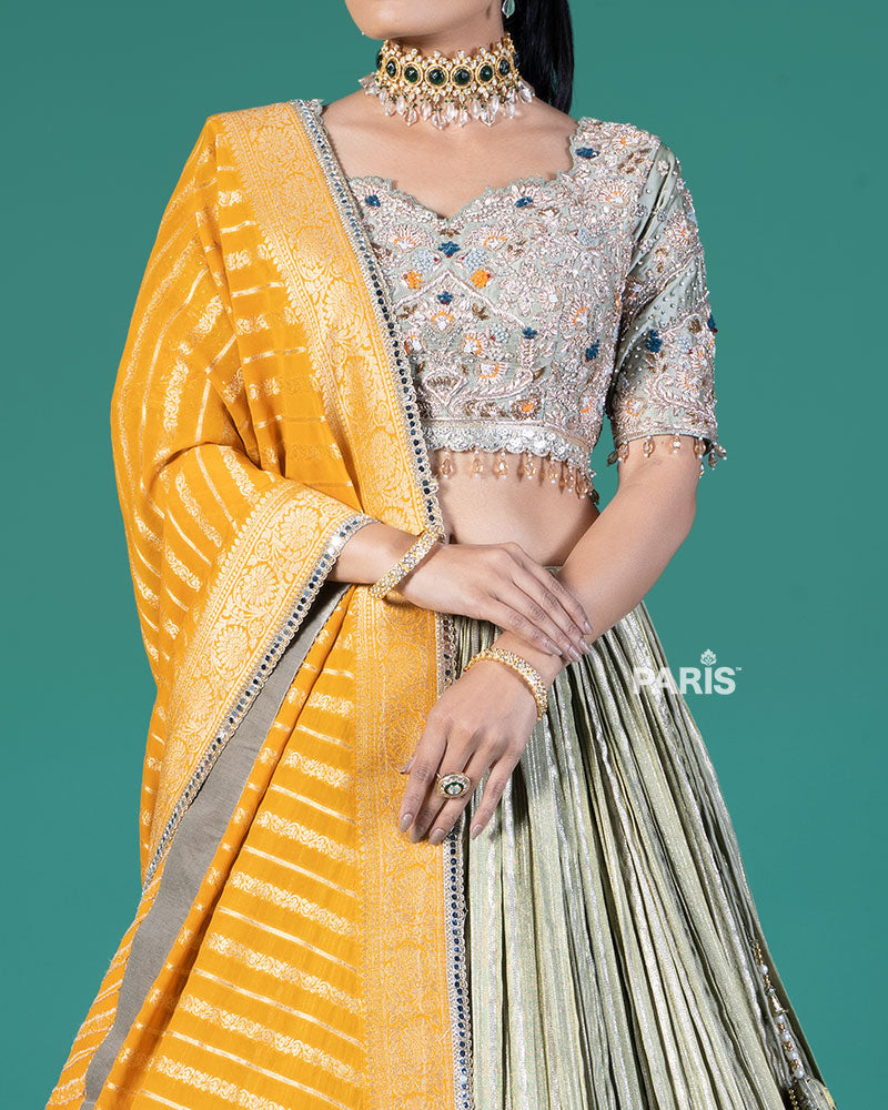 Pista Silver Pleated Lehenga and Embroidered Gray Choli with Mustard Dupatta