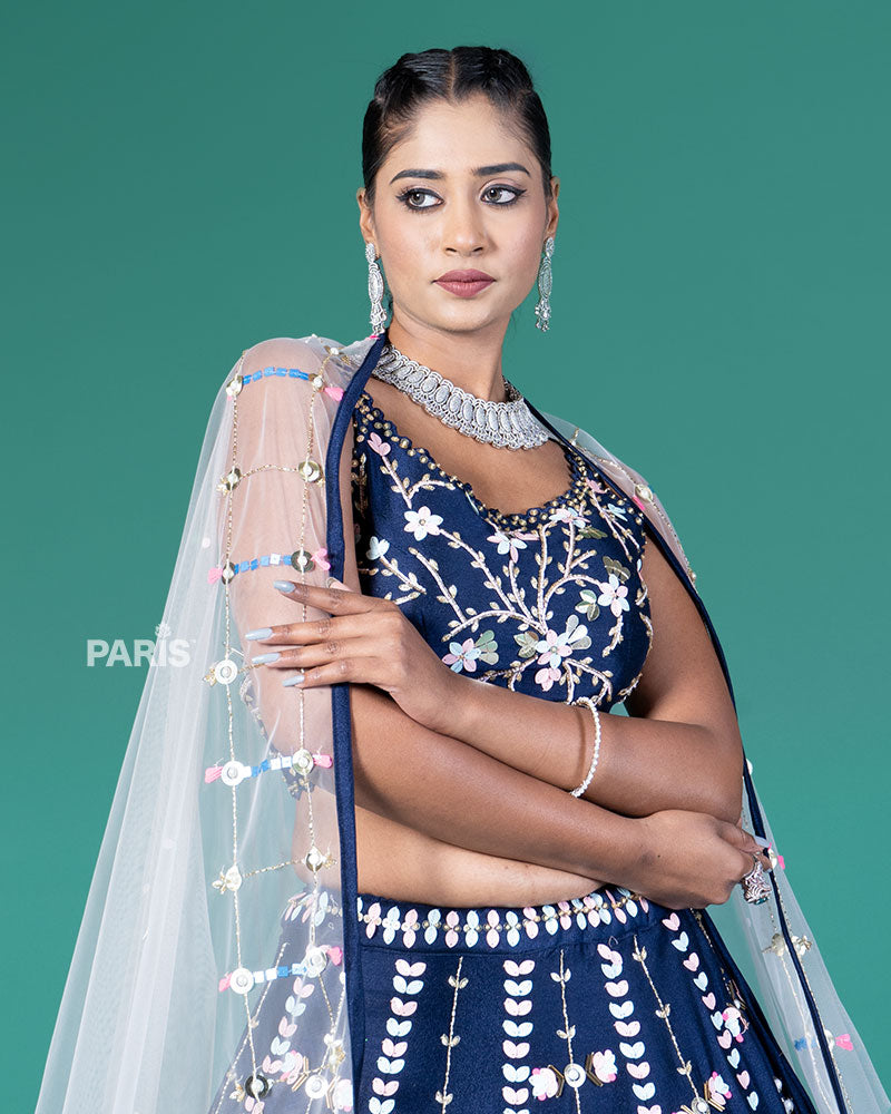 Navy Blue Embellished Lehenga Choli with Net Dupatta