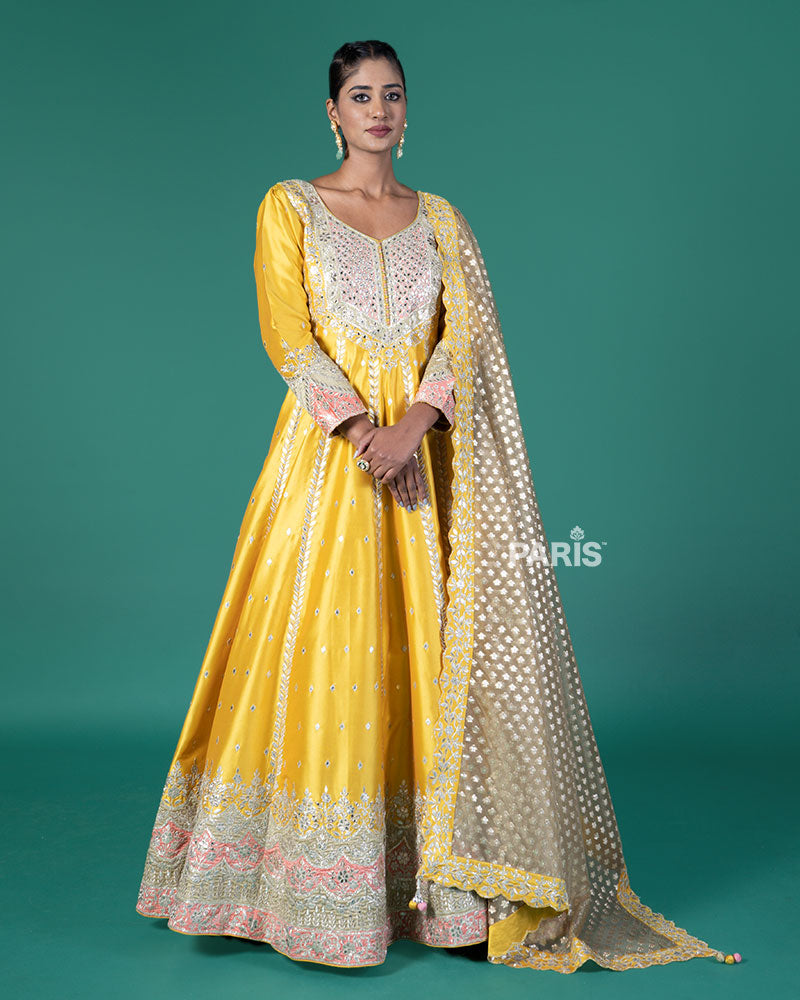 Mustard Yellow Embroidery Embellished Anarkali with Dupatta