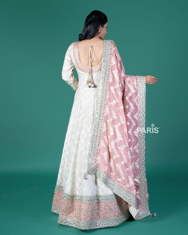 Cream Zari Embroidery Embellished Anarkali with Rose Pink Dupatta