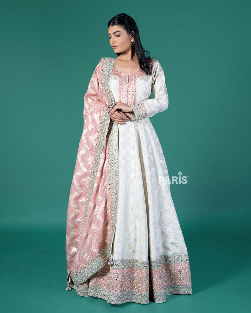 Cream Zari Embroidery Embellished Anarkali with Rose Pink Dupatta