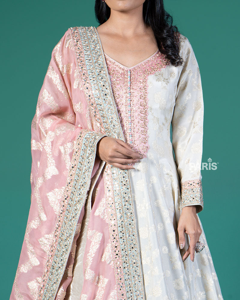Cream Zari Embroidery Embellished Anarkali with Rose Pink Dupatta