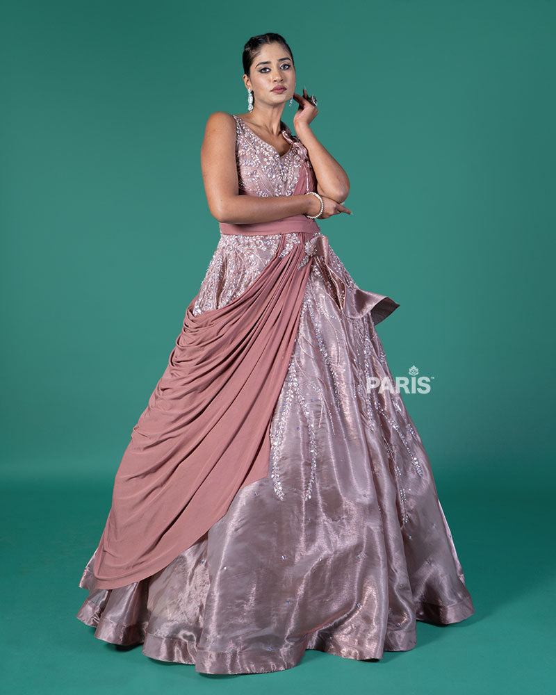 Brown Embellished Gown with Draped Dupatta
