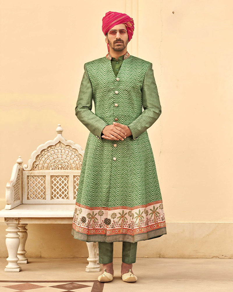 Green Stripe Line Printed Indo Western Sherwani Set