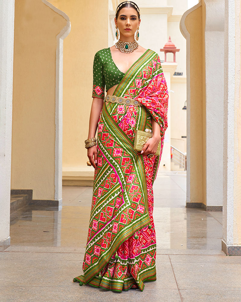 Bright Pink Heavy Printed Border and Pallu Pure Patola Saree with Unstitched Blouse