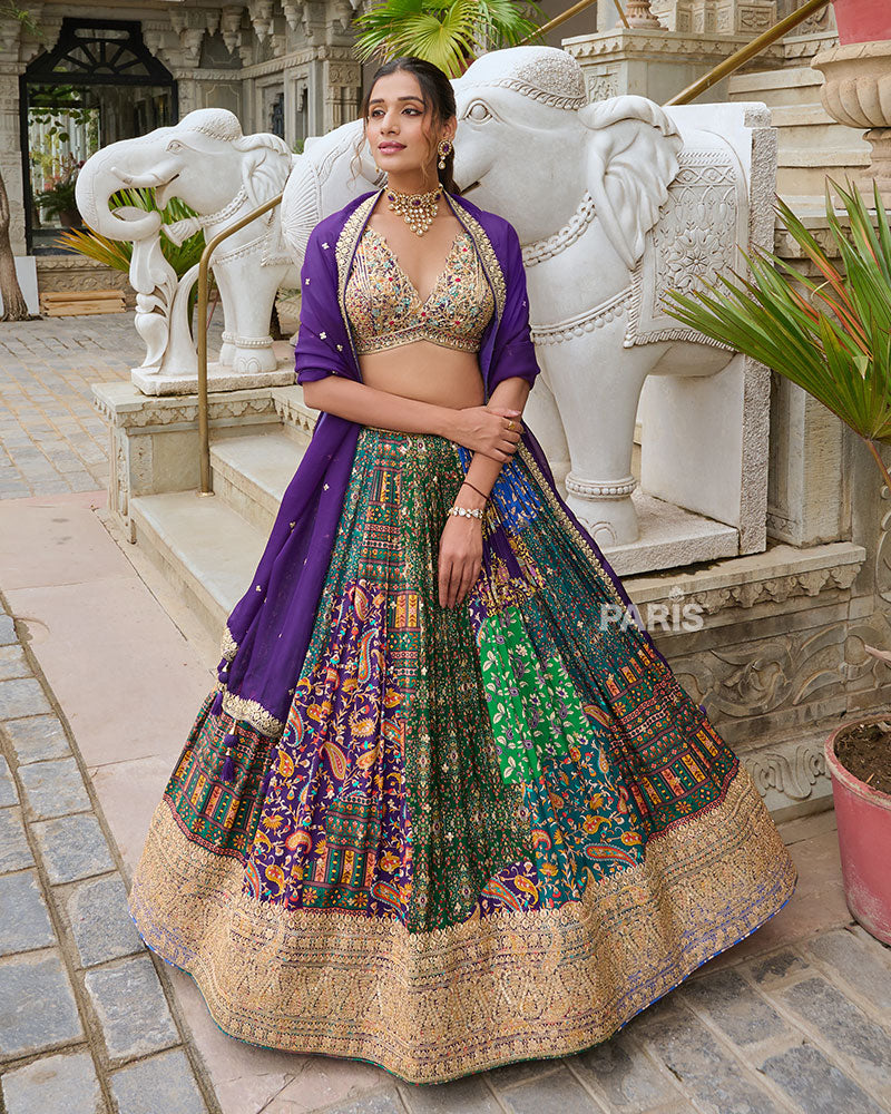 Vibrant Multi-Color Digital Print Lehenga Choli with violet Dupatta