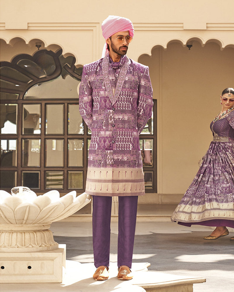 Plum Printed Sherwani Set With Pant