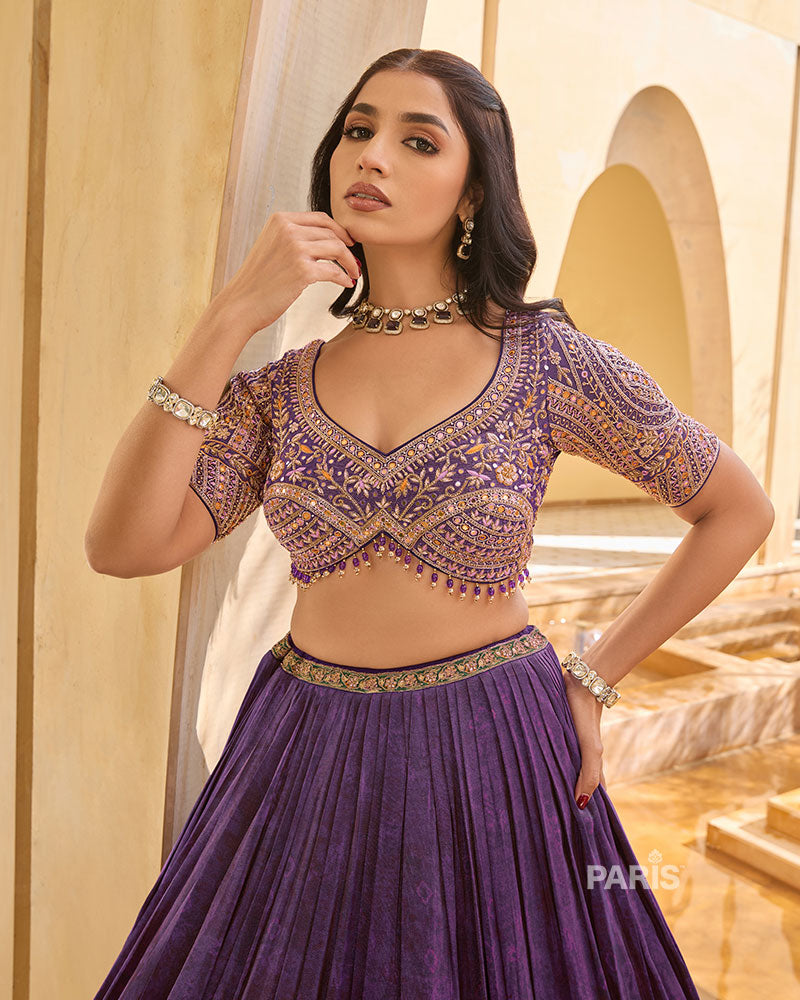 Purple Intricate Golden Embroidered Lehenga Choli with Matching Dupatta