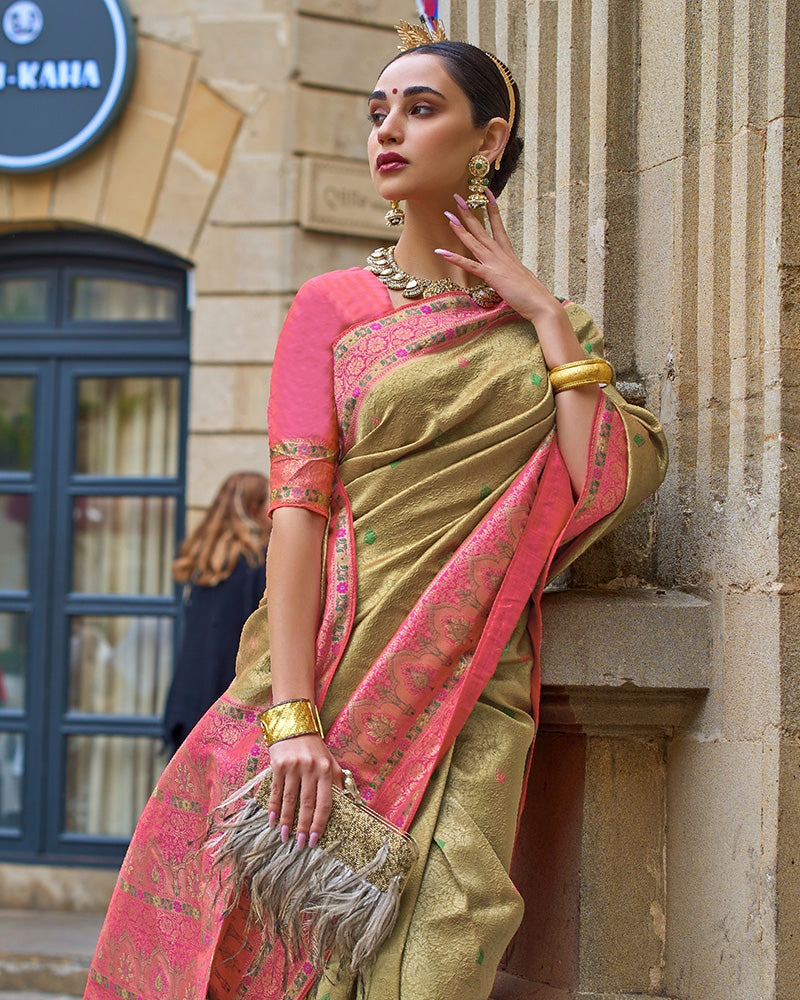 Chikoo Pure Silk Saree With Border Art with Unstitched Blouse