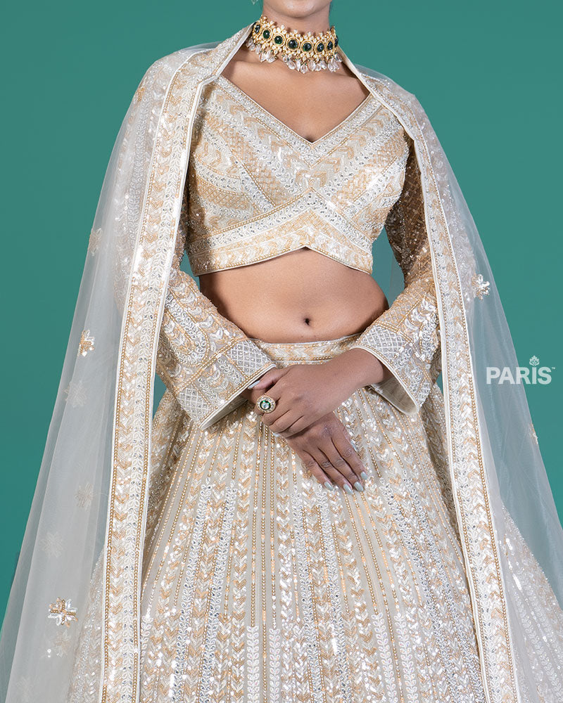 Cream Sequined Lehenga Choli with Dupatta