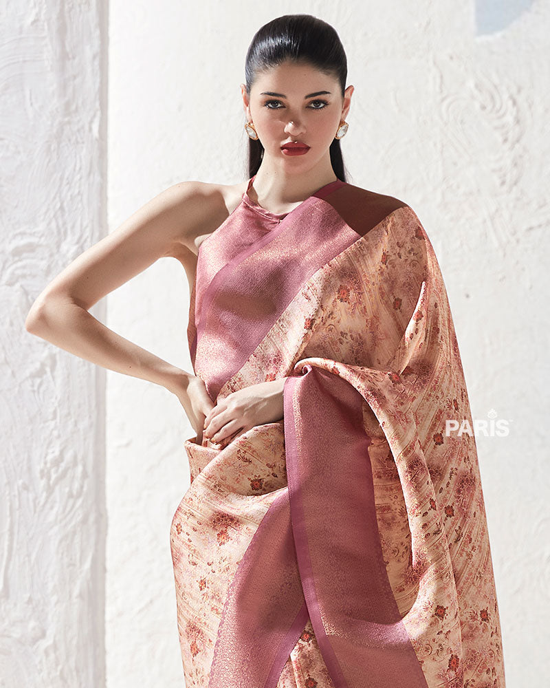 Dusty Rose Floral-Print Cream Silk Saree with Unstitched Blouse