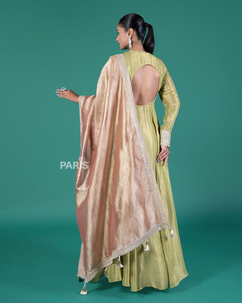 Light Lime Green Embellished Anarkali Suit with Dusty Rose Dupatta