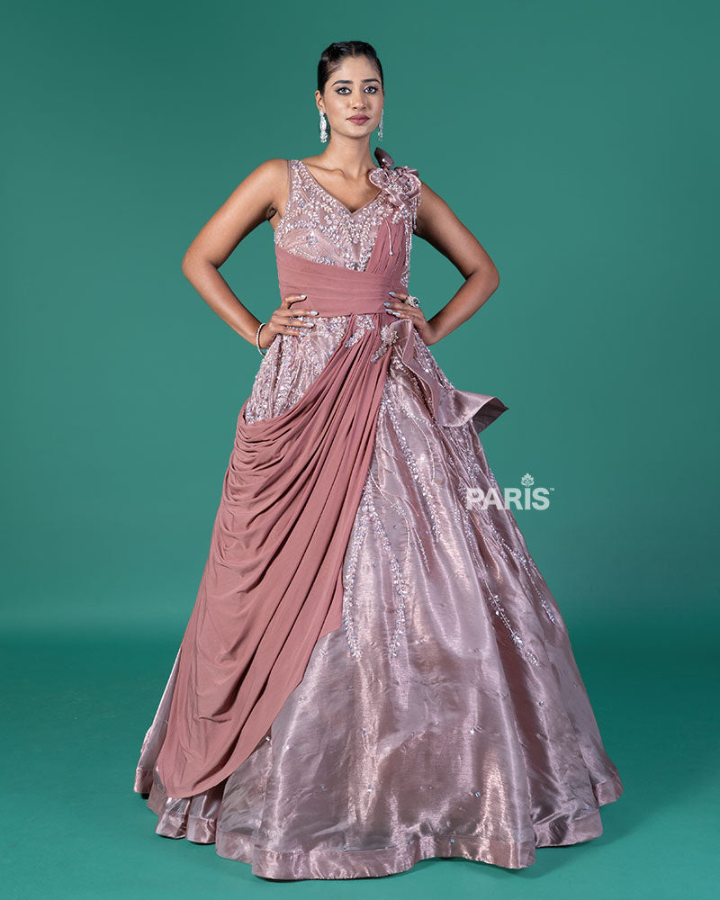 Brown Embellished Gown with Draped Dupatta