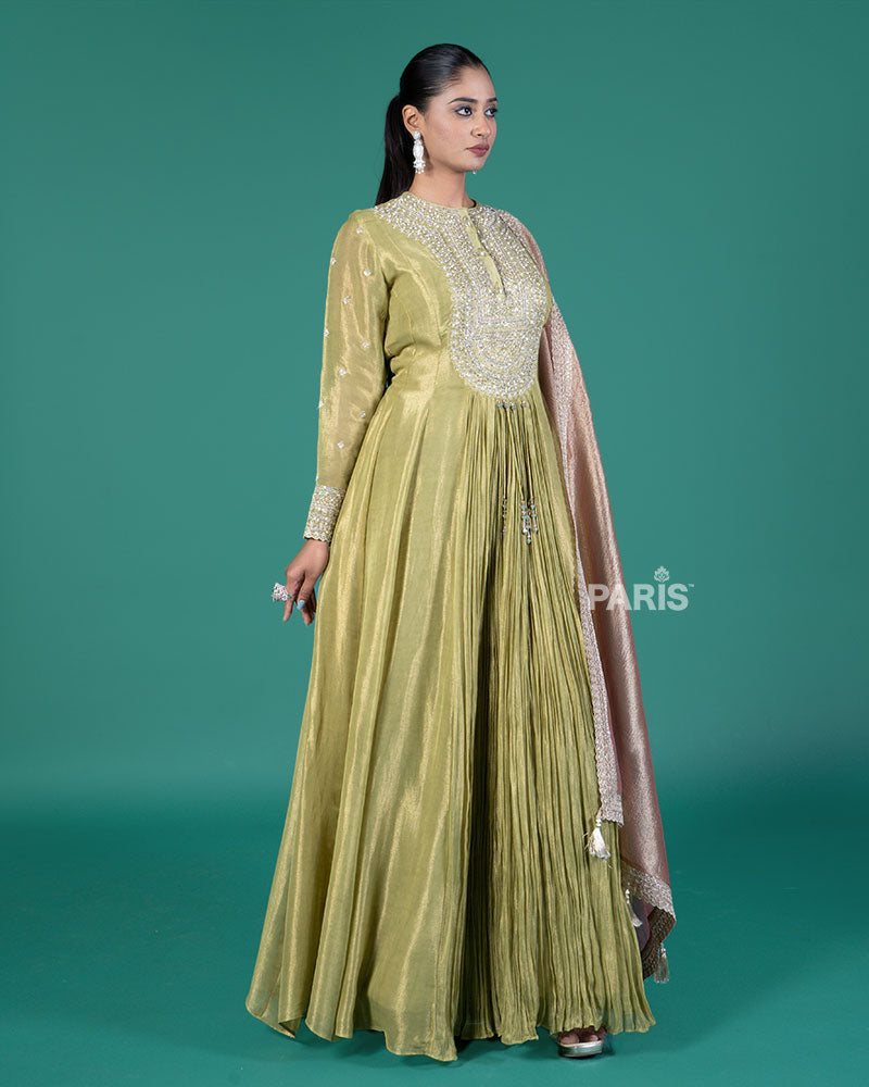 Light Lime Green Embellished Anarkali Suit with Dusty Rose Dupatta