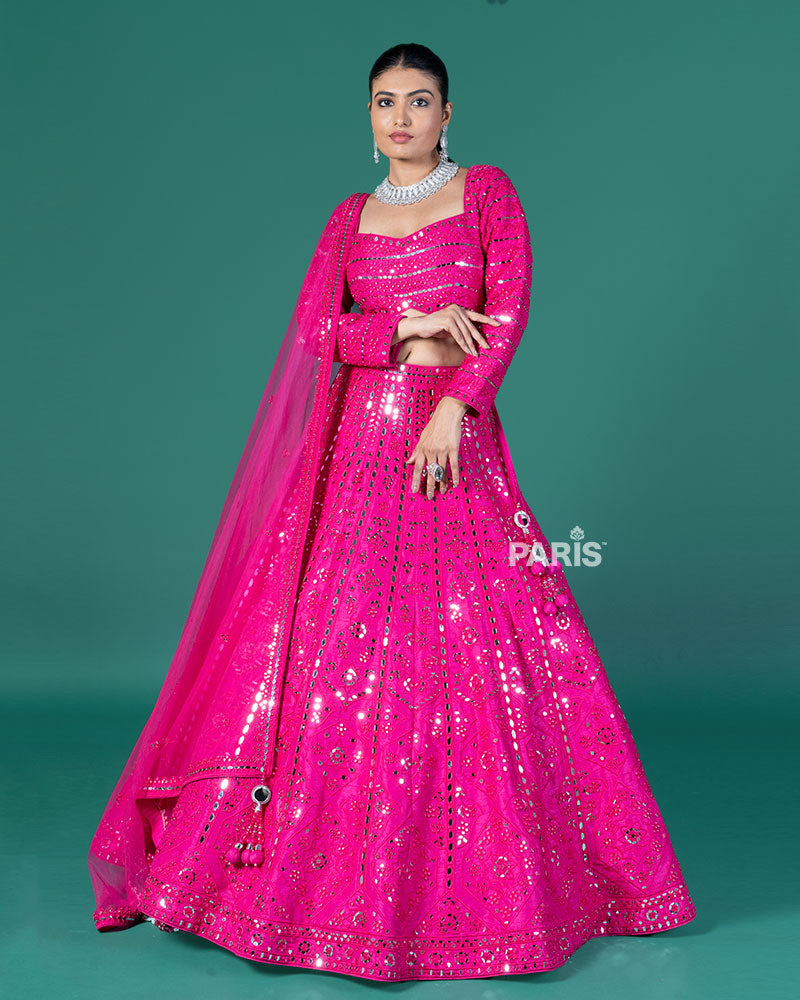 Hot Pink Mirror Embellished Lehenga Choli with Dupatta