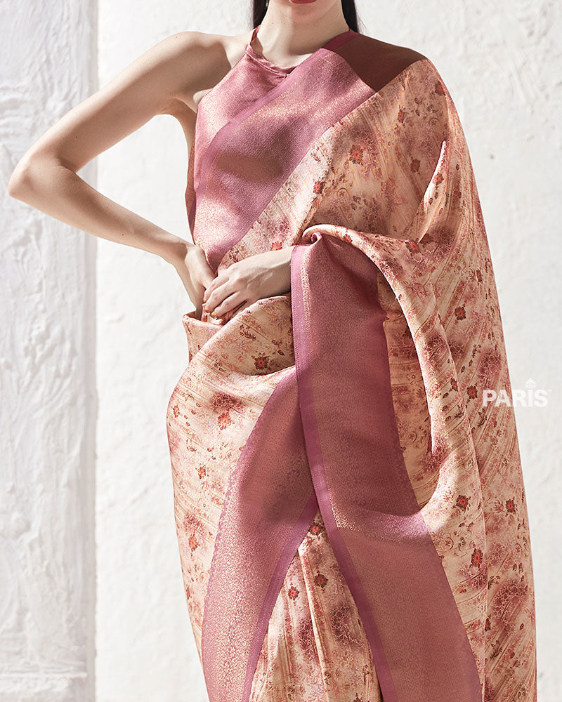 Dusty Rose Floral-Print Cream Silk Saree with Unstitched Blouse