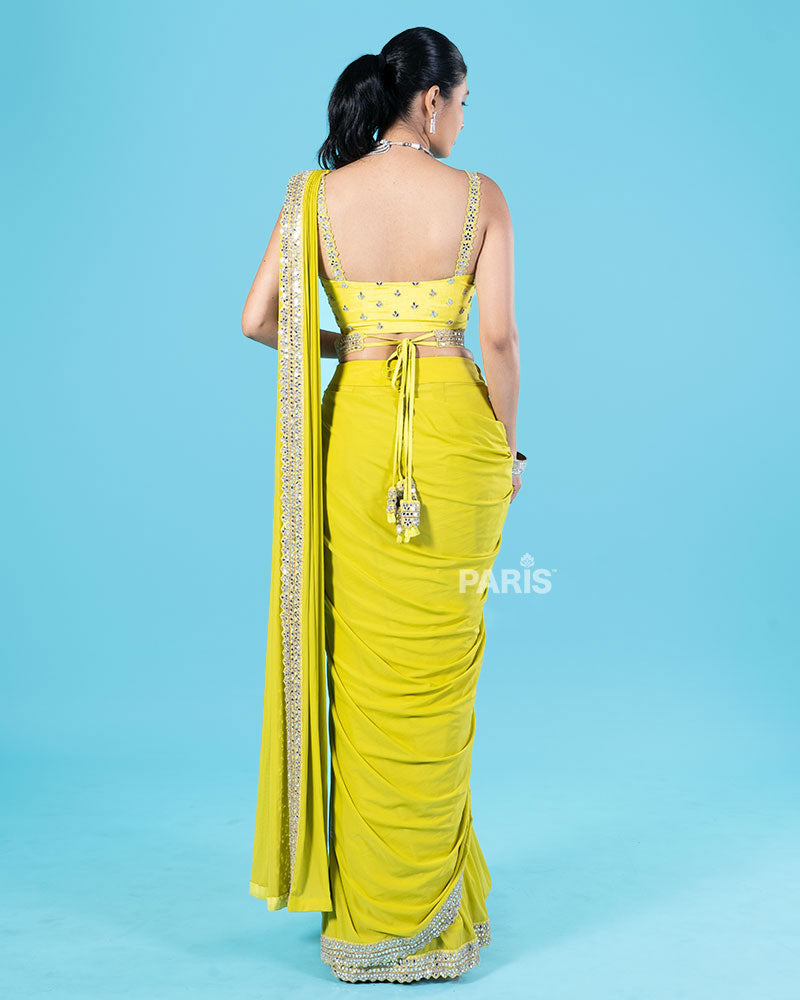 Lime Yellow Ready-to-Wear Saree with Mirror Embellished Blouse and Belt