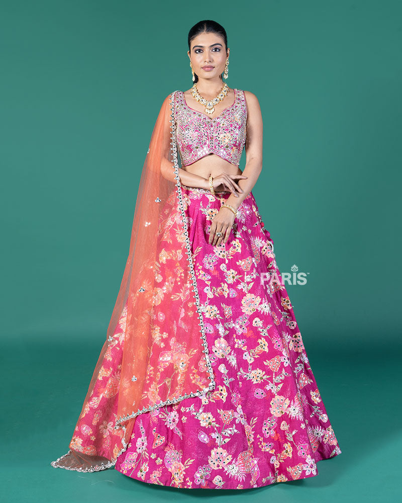 Magenta Mirror Embellished Lehenga Choli with Orange Dupatta