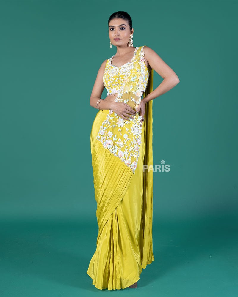Lime Yellow Ready to Wear Saree with Embroidered Crop Blouse