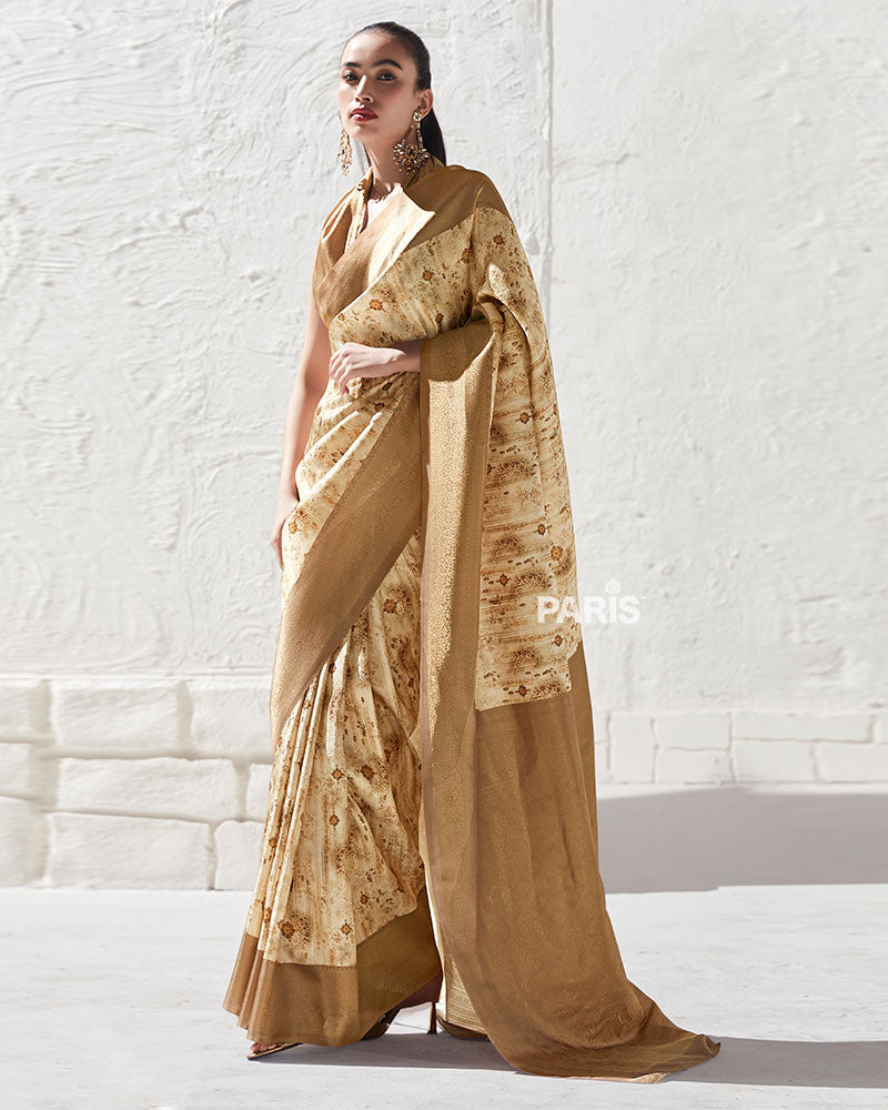 Golden Brown Floral-Print Cream Silk Saree with Unstitched Blouse