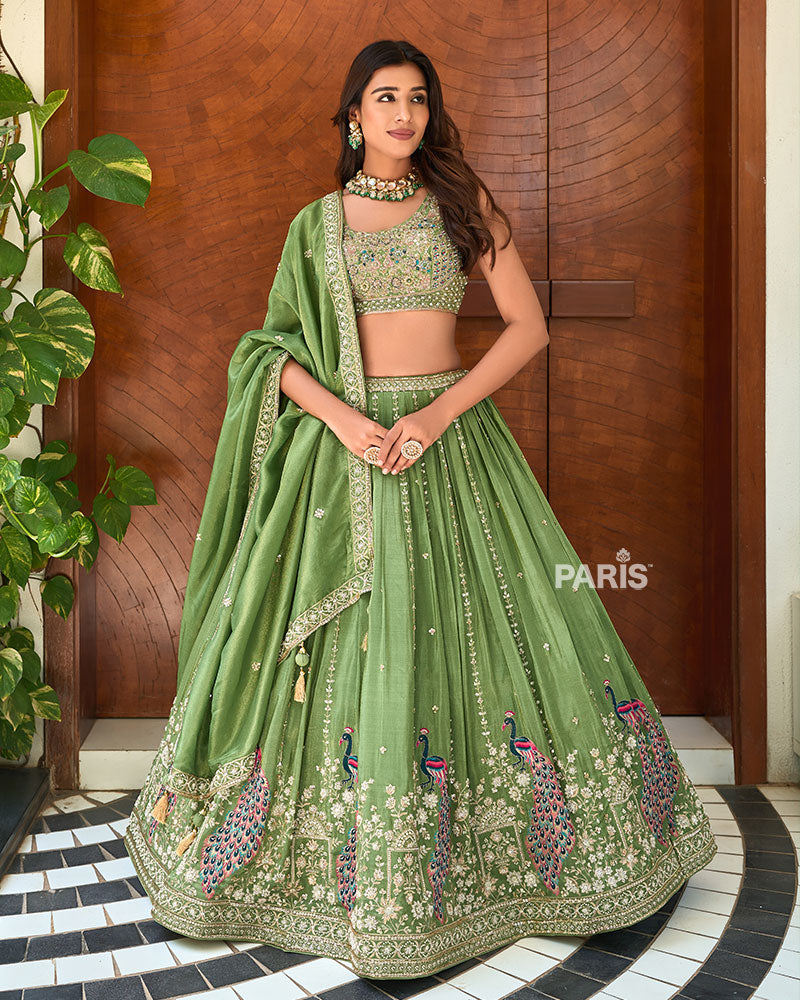 Olive Green Peacock Embroidered Lehenga Choli with Dupatta