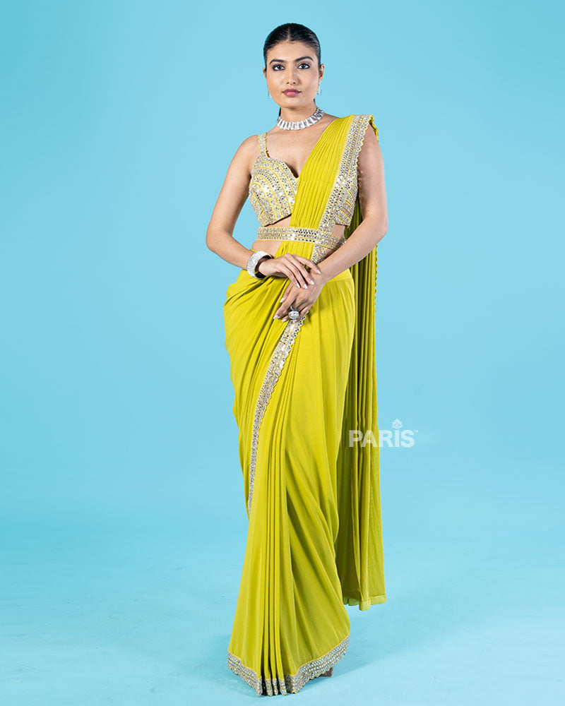 Lime Yellow Ready-to-Wear Saree with Mirror Embellished Blouse and Belt