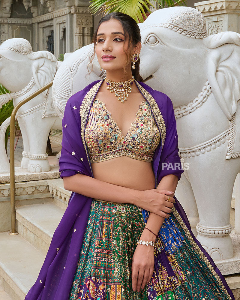 Vibrant Multi-Color Digital Print Lehenga Choli with violet Dupatta