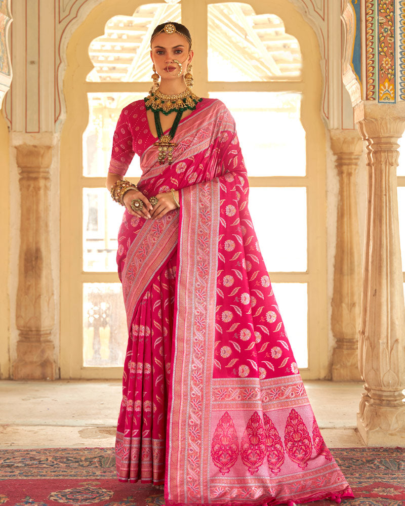 Bright Pink Floral Printed Saree With Unstitched Blouse