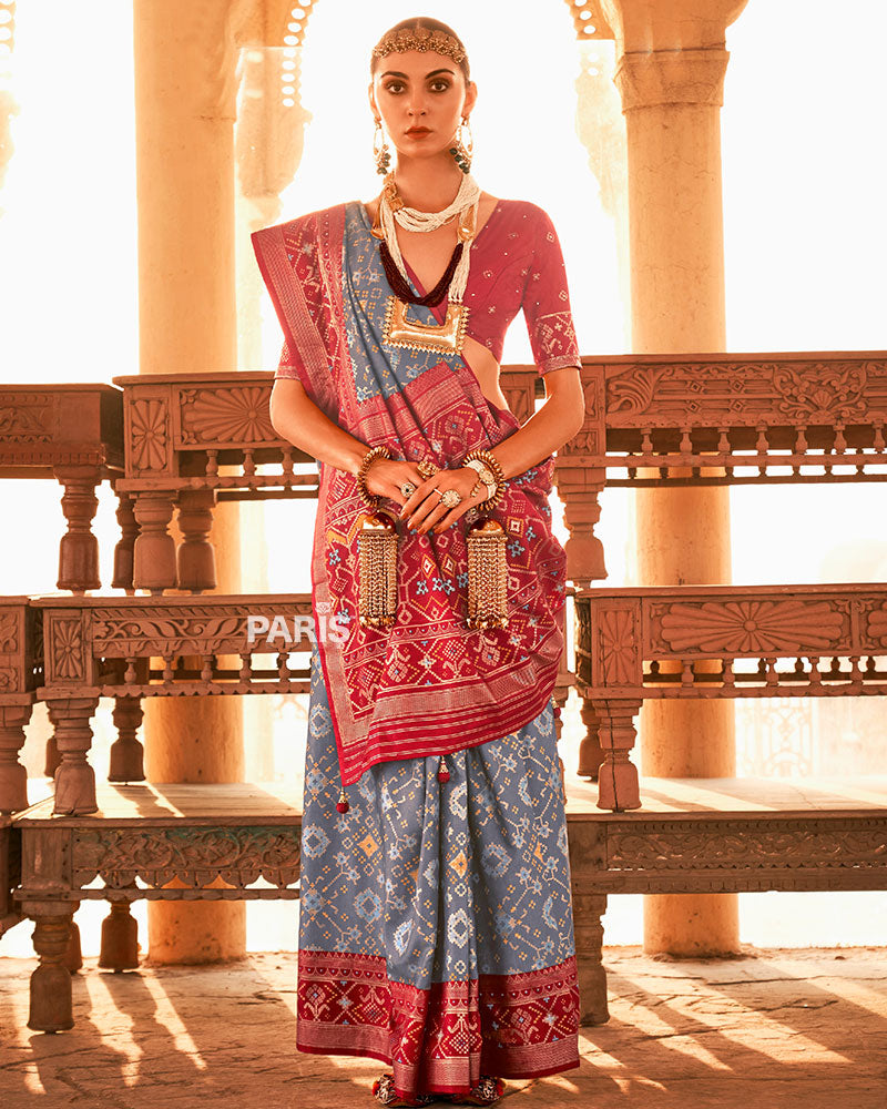 Grey Ikat Printed and Red Contrast Border Patola Silk Saree with Unstitched Blouse