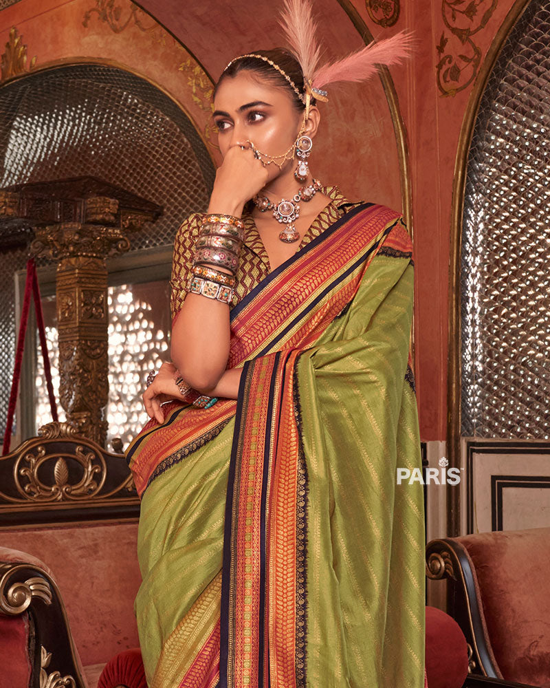 Olive Green Kanjivaram Silk Saree with Unstitched Blouse