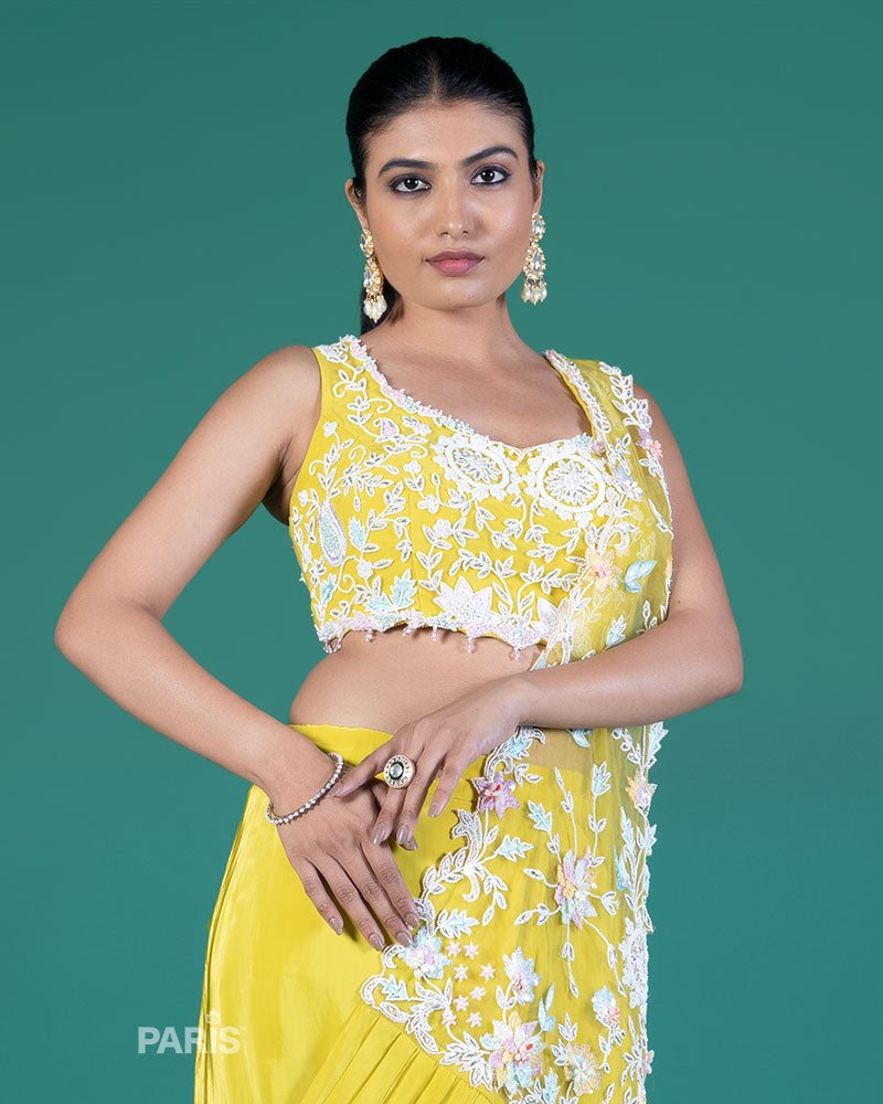 Lime Yellow Ready to Wear Saree with Embroidered Crop Blouse