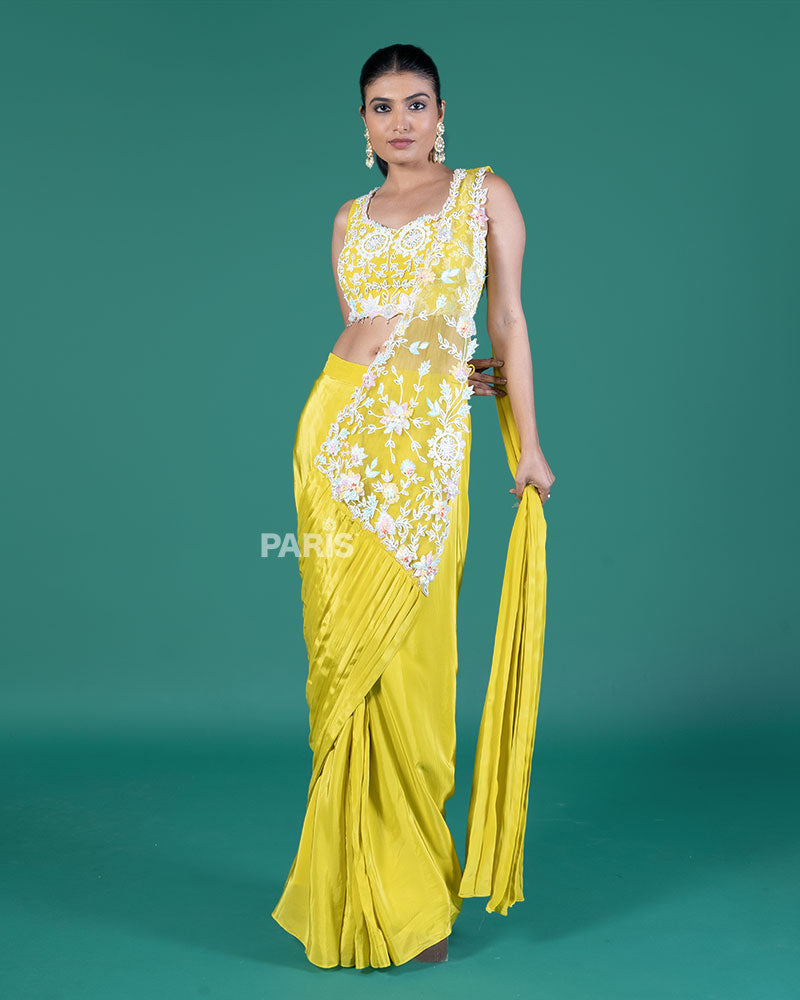 Lime Yellow Ready to Wear Saree with Embroidered Crop Blouse
