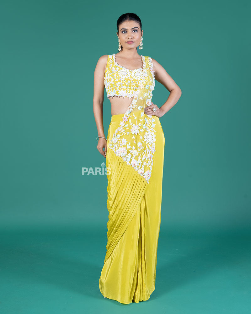 Lime Yellow Ready to Wear Saree with Embroidered Crop Blouse