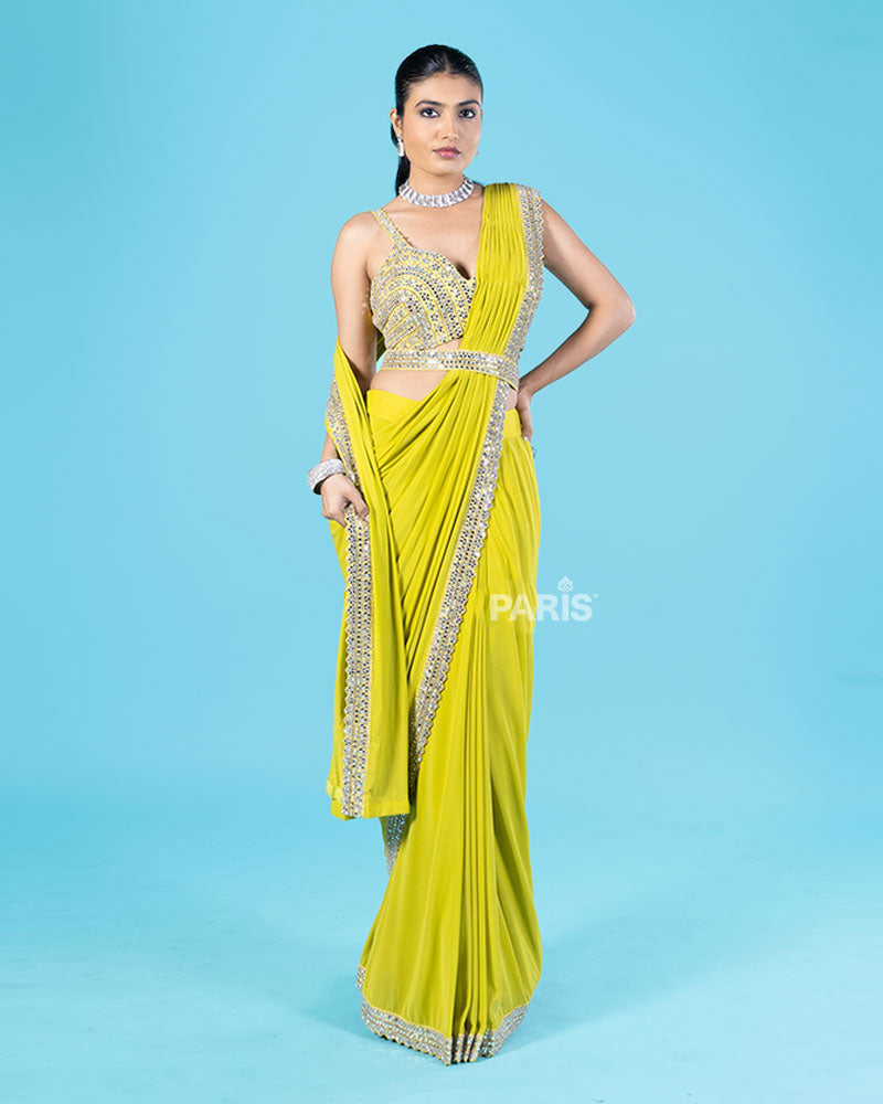 Lime Yellow Ready-to-Wear Saree with Mirror Embellished Blouse and Belt