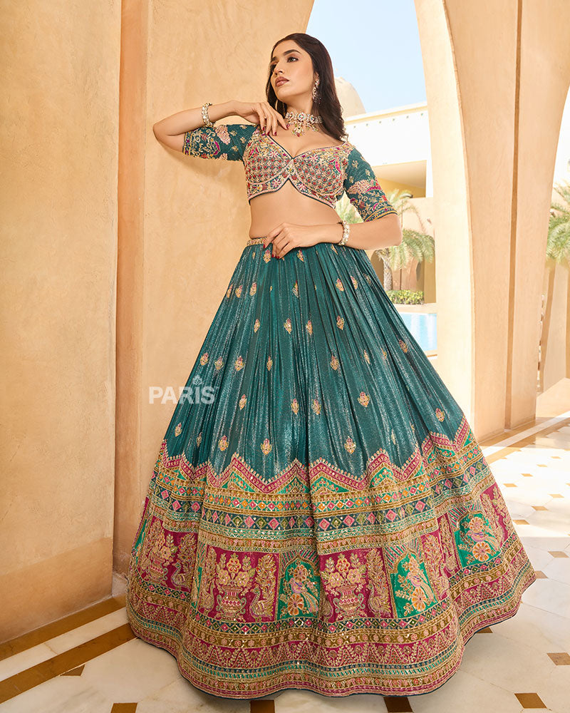 Teal Golden and Pink Embroidery Embellished Lehenga Choli with Matching Dupatta