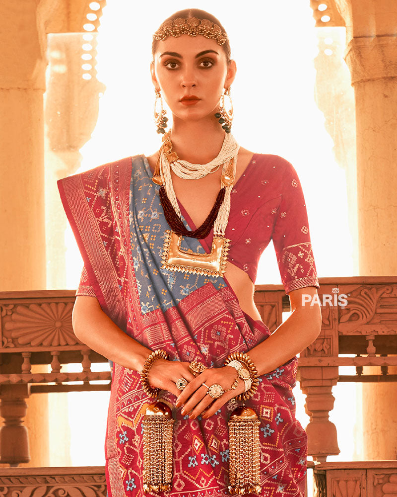 Grey Ikat Printed and Red Contrast Border Patola Silk Saree with Unstitched Blouse