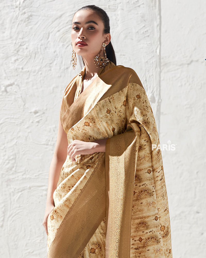Golden Brown Floral-Print Cream Silk Saree with Unstitched Blouse