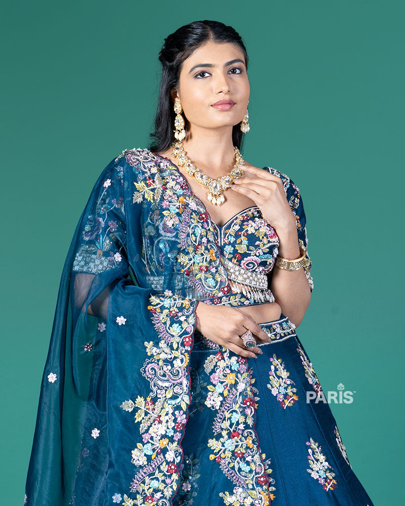 Blue Embroidered Lehenga Choli with Organza Dupatta