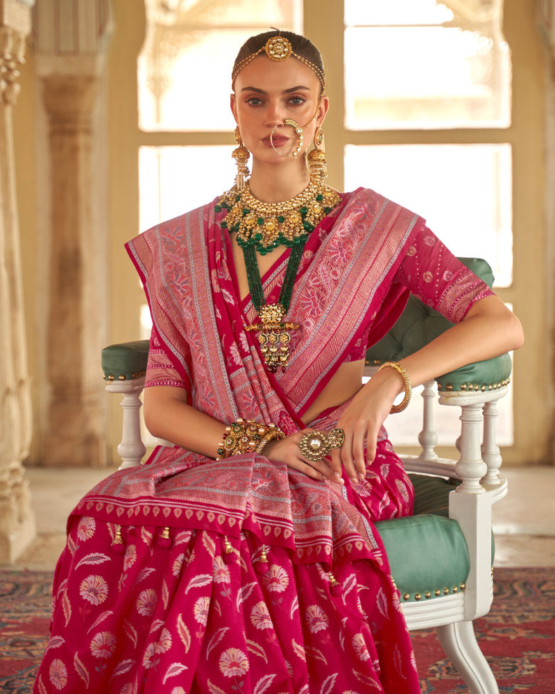 Bright Pink Floral Printed Saree With Unstitched Blouse