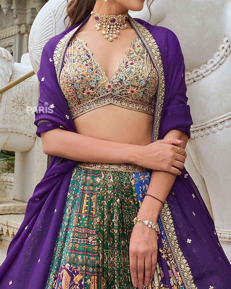 Vibrant Multi-Color Digital Print Lehenga Choli with violet Dupatta