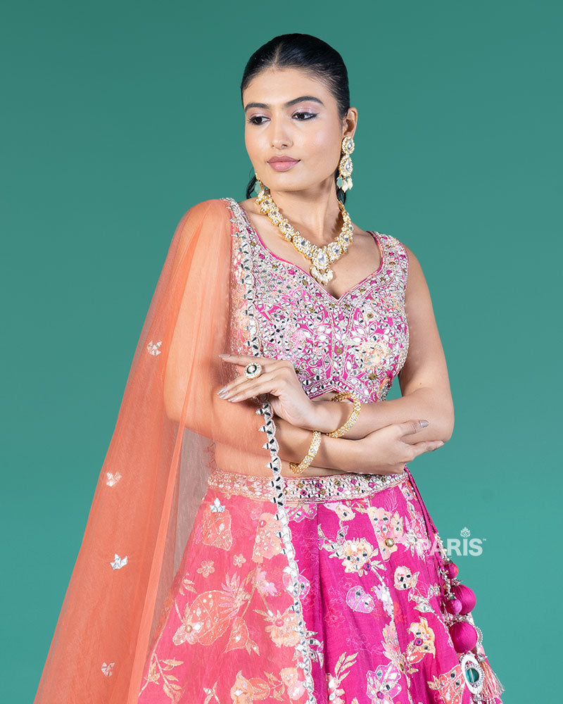 Magenta Mirror Embellished Lehenga Choli with Orange Dupatta