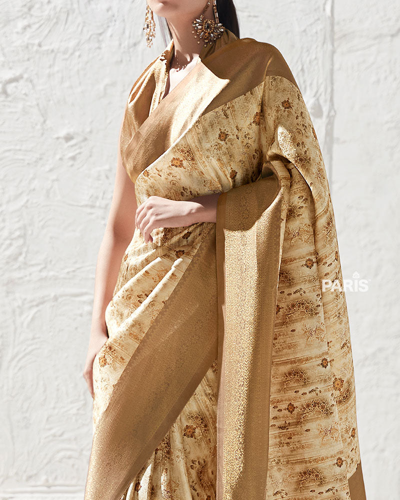 Golden Brown Floral-Print Cream Silk Saree with Unstitched Blouse