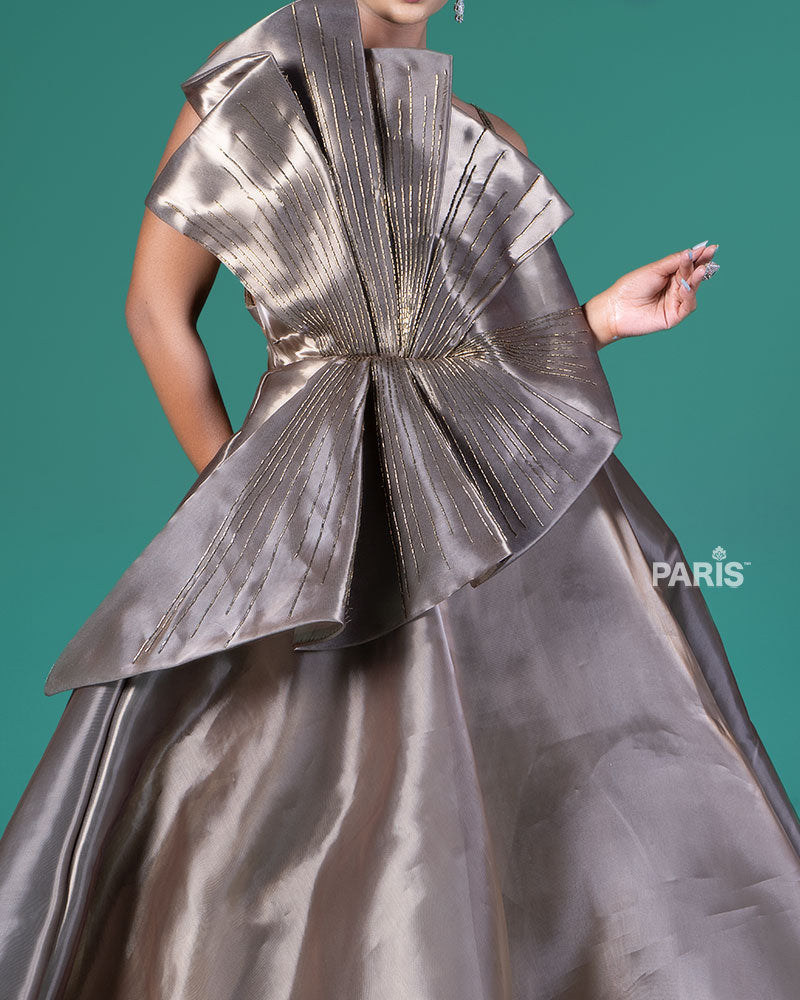 Taupe Embellished Bow Party Wear Gown